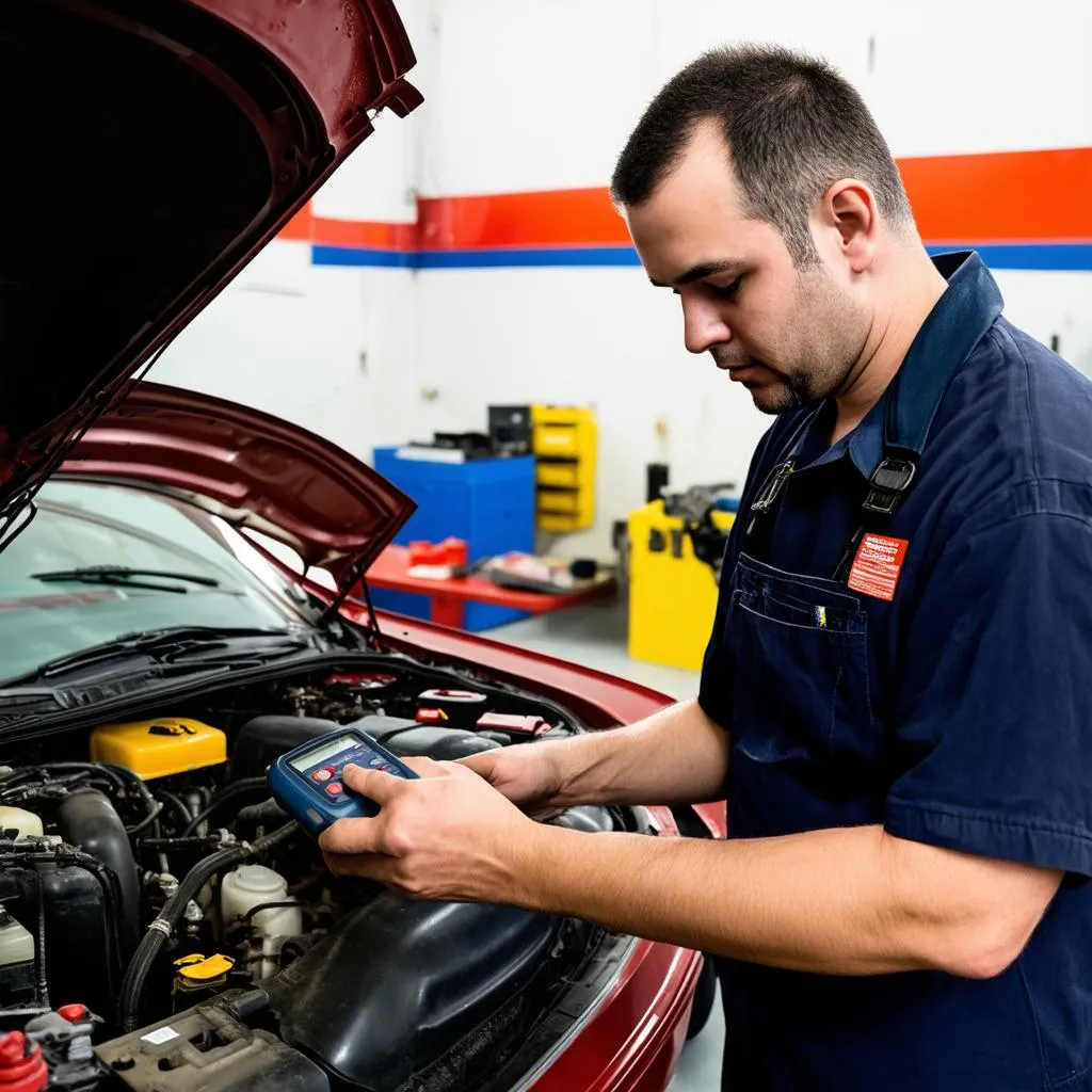 Mechanic diagnosing car problems